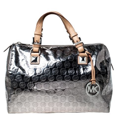 michael kors purse silver with black mk|Michael Kors silver metallic purse.